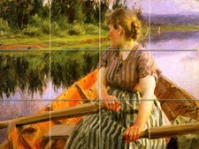 Art Boat Woman River Mural Ceramic Backsplash Bath Tile