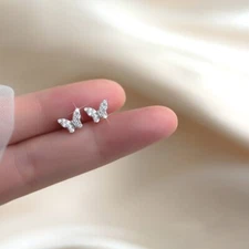 925 Sterling Silver Small Butterfly Pave CZ Cubic Zircon Stud Earrings Gift PE50