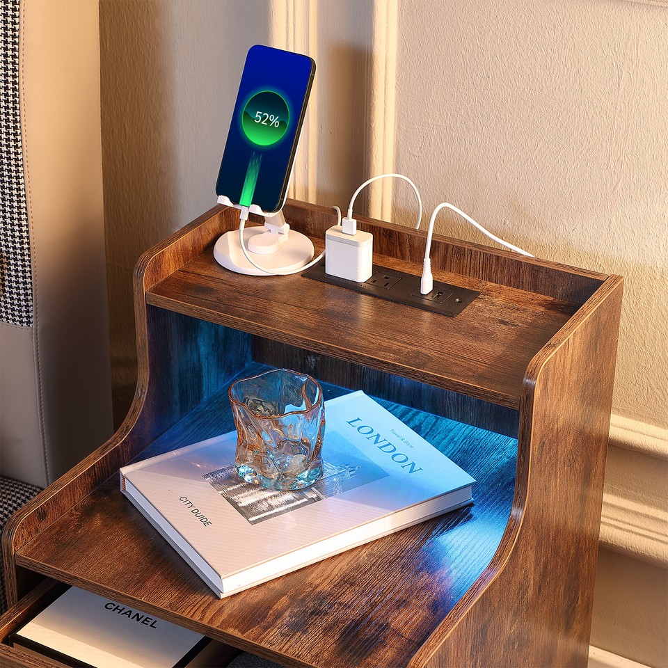 Wood Nightstand Bedside Table and Charging Staion Modern End Table with