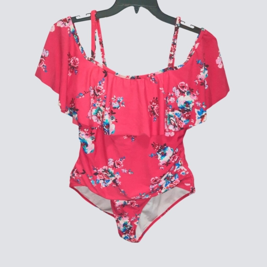 Cocoship Pink Floral Cold Shoulder One Piece Swimsuit Size 12