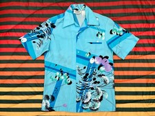 VTG 50s 60s Malihini Hawaiian Floral Shirt Mens Small Blue Surfing Tiki Deco