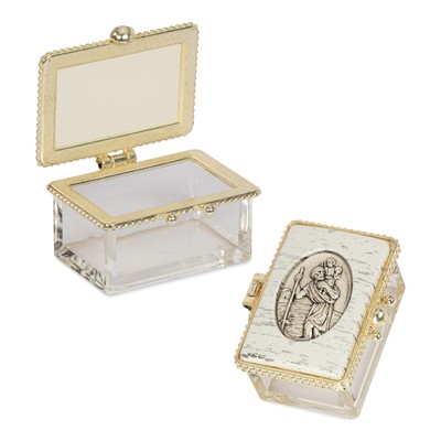 Glass rosary tin transparent hinged lid pearl white Christoph 5x3x3cm 2538