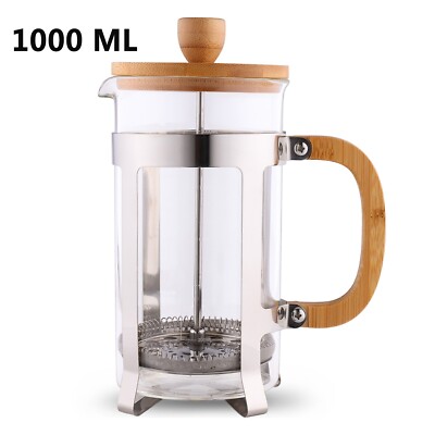1000ML French Press Kaffee Tee Maschine KAFFEEKOLBEN, dickes Glas & Bambusgriff