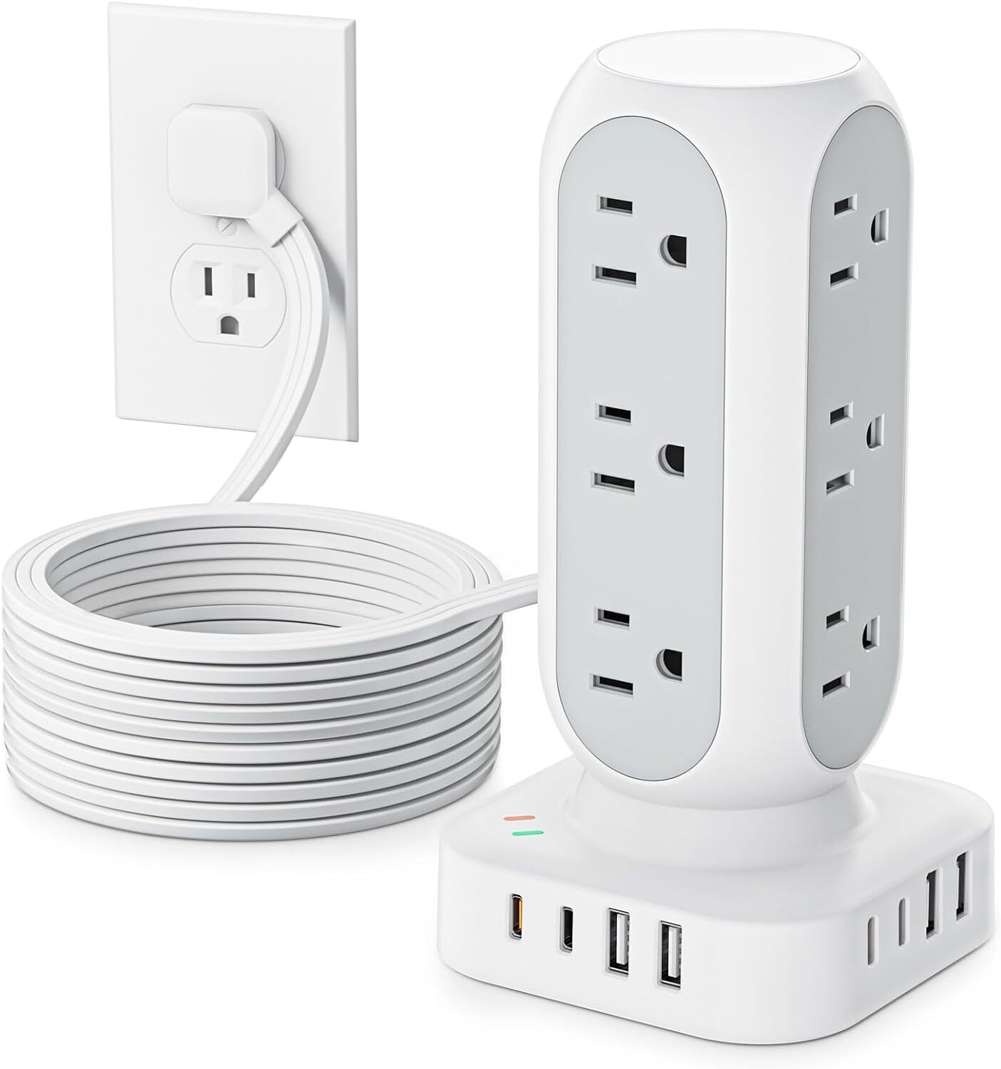 Flat Plug Power Strip Tower, 40W Total Fast Charging Station, 10 FT, White