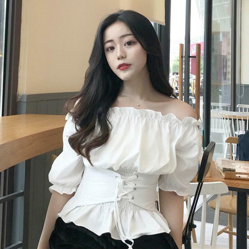 Womens Puff Short Sleeve Off Shoulder T-shirt Lace Up Corset Top