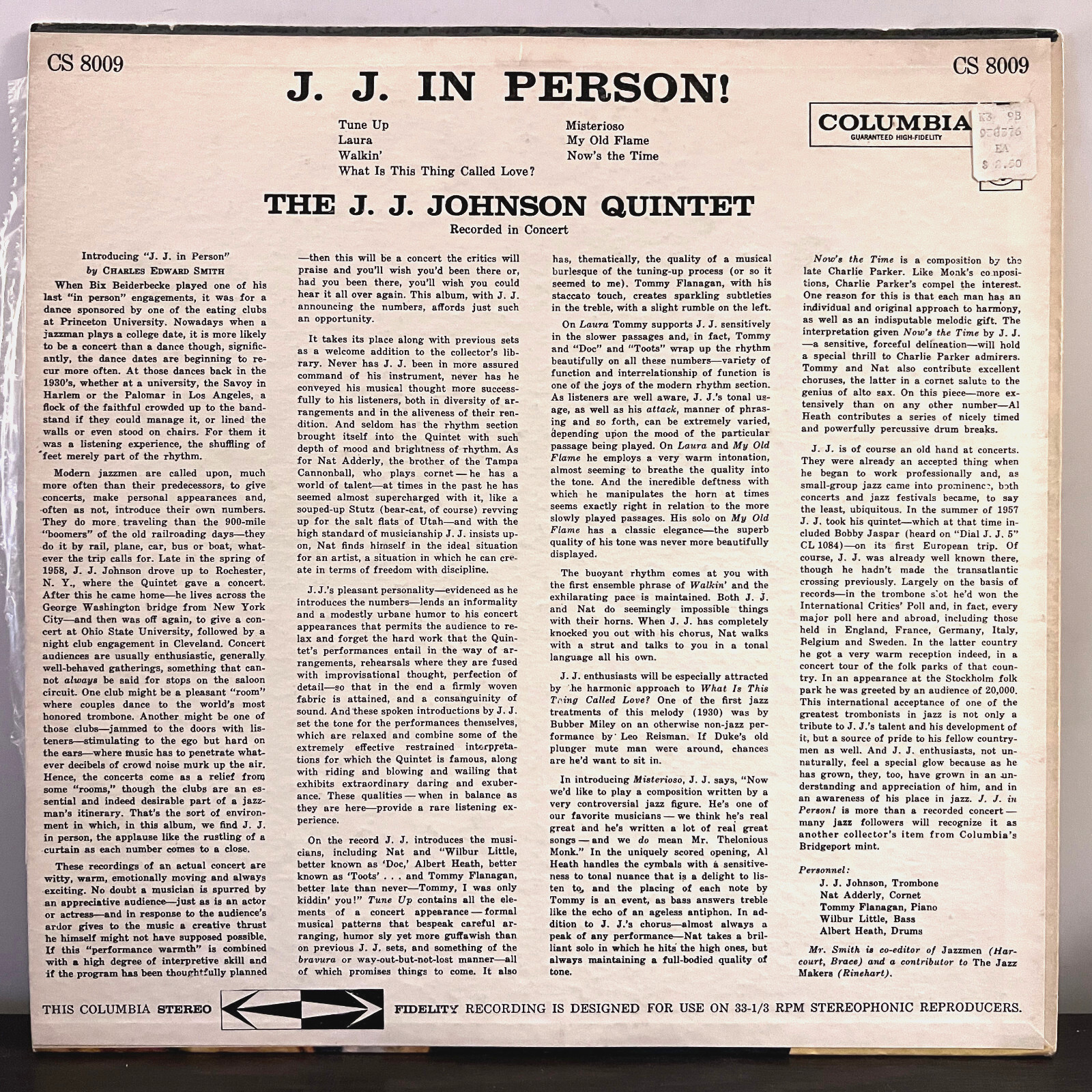 J.J. JOHNSON QUINTET - JJ In Person (1958) - 12" Vinyl Record LP - VG