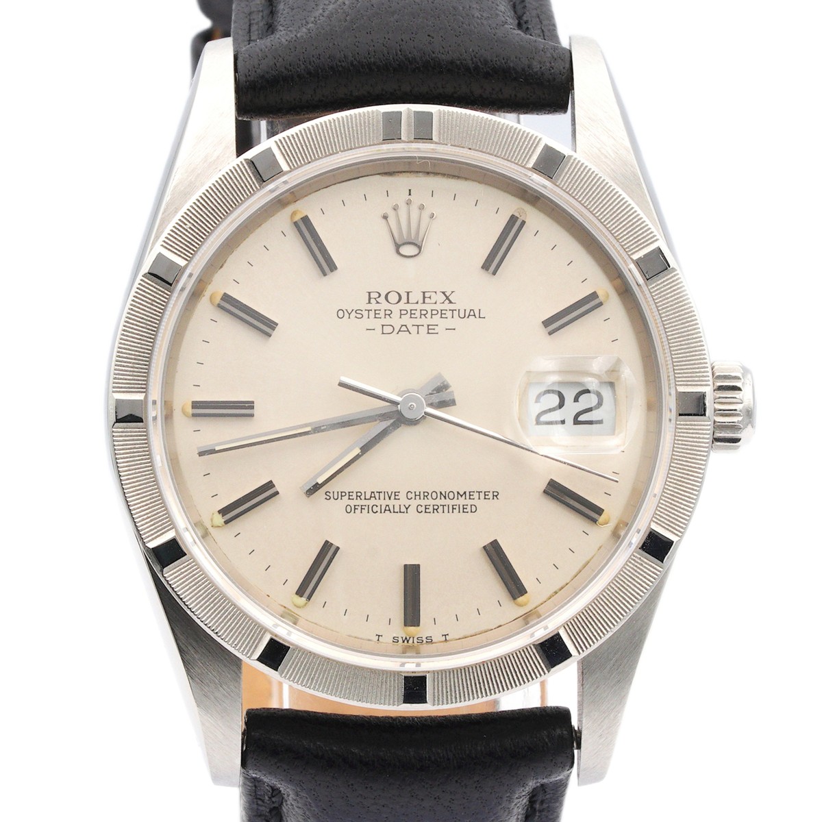 Mens Rolex Date Stainless Steel Watch Silver Stick Dial Black Band