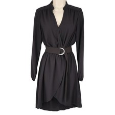 Black Faux Wrap Mini Dress Long Sleeve Belted Plunge V Neck Stretch JustFab S
