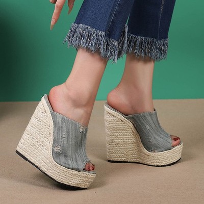 Womens Ladies High Weaving Wedge Heel Denim Jeans Slipper Shoes Sandals Pull On