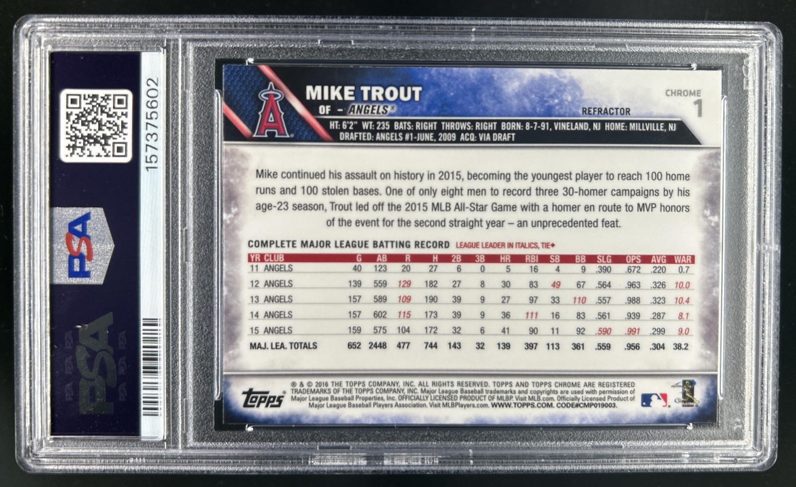 2016 Topps Chrome Mike Trout Refractor #1 Angels PSA 10 GEM MINT view 2