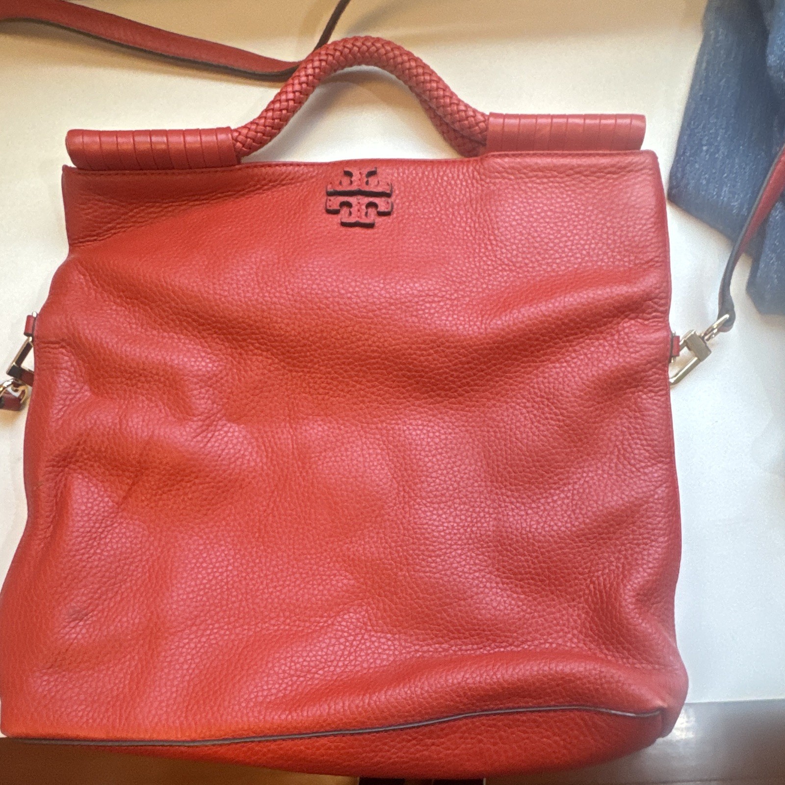 Tory Burch Red Pebbled Logo Crossbody Bag Braided Top Handle Detachable Strap