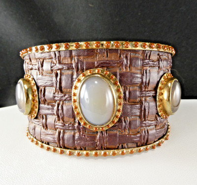 Sara Blaine Cuff Bracelet Embossed Leather & Brass Semi Precious Stones NICE!