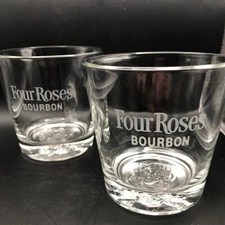 Four Roses Bourbon Whiskey Etched Glasses Set of 2 Embossed Rose Bottom 6 oz KY