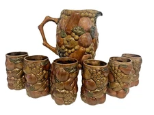 7pc MCM Ceramic Fruit Pitcher & 6 Water/Iced Tea/Juice Glasses Hi-Ball Tumblers