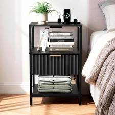 Bedside Table 1 Drawers Storage Cabinet Nightstand with Charging Station Black
