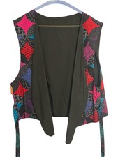 Vintage Design Patchwork Quilted Vest Art 80s Geometric Pattern Vest Tie String