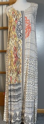 Global Desi Belted Maxi Dress XL Mixed Pattern Ivory Black Sleeveless Boho  Beach | eBay