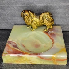 Vintage Green Marble Ashtray Bronze Standing Pekingese Dog Figurine 1920s 