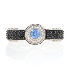 Sterling Silver Sapphire  Black Zircon Halo Ring - 925 Round 1.02ctw