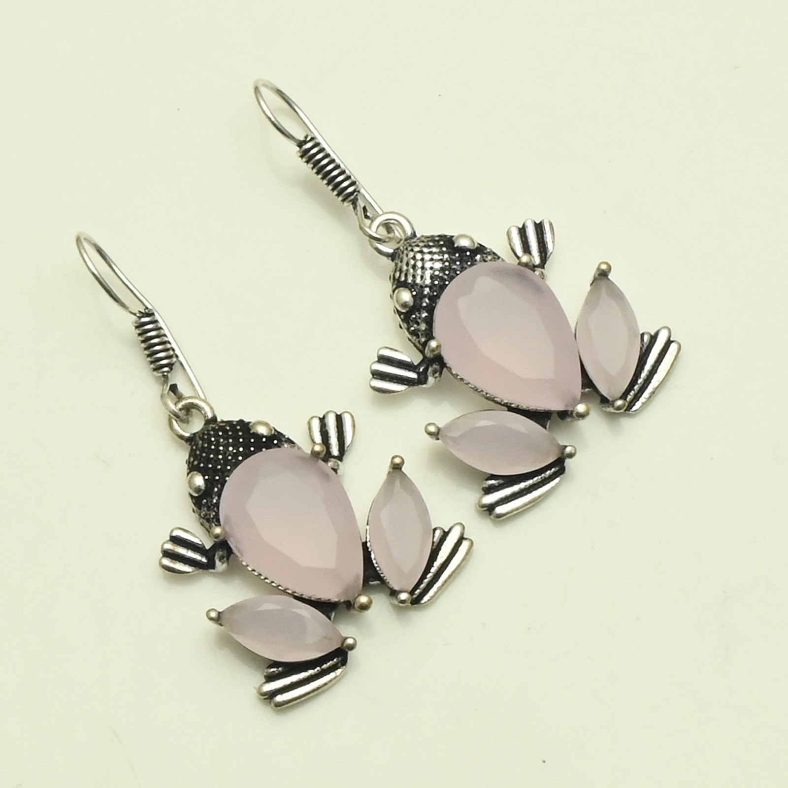 Rose Chalcedony Gemstone Drop Dangle Frog Earrings Jewelry Gift 1.4