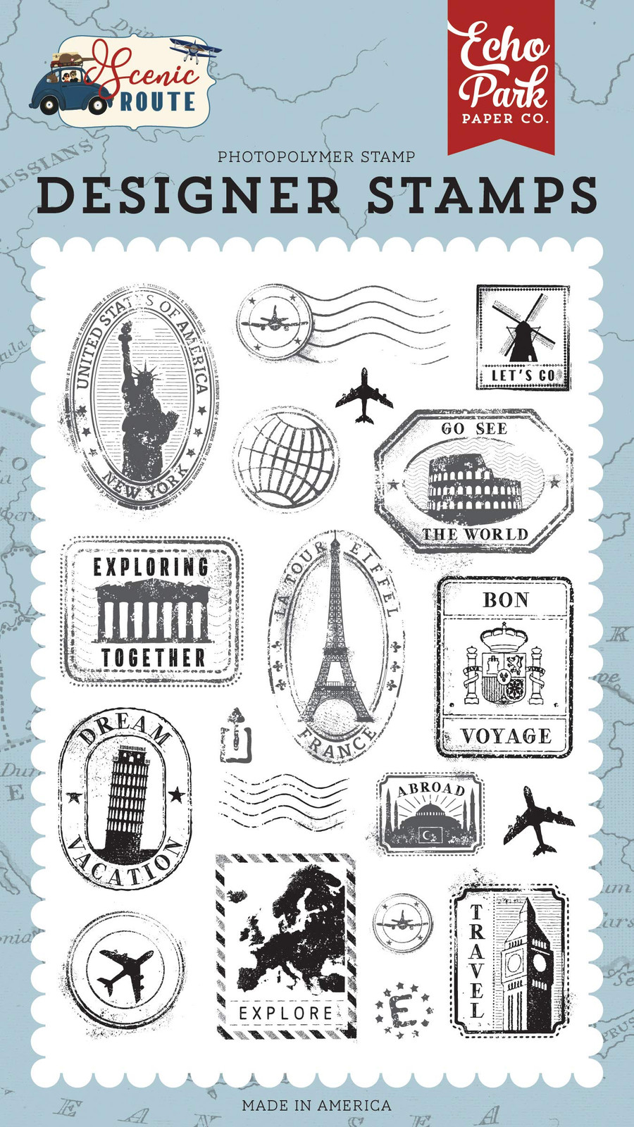 Travel Set stamp, red, navy, gold, blue