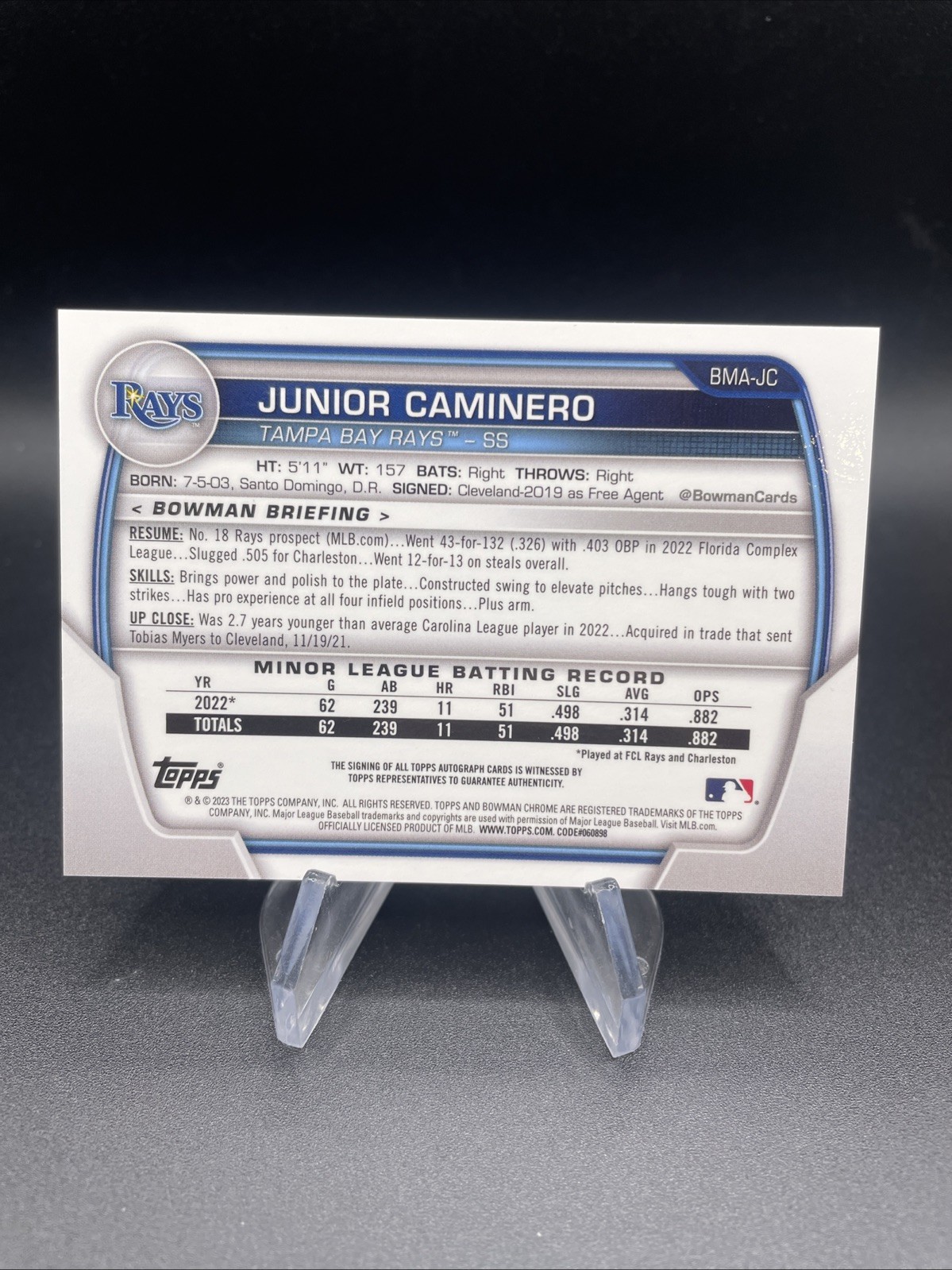 JUNIOR CAMINERO, 2023 BOWMAN CHROME, ROOKIE MOJO REFRACTOR ON CARD AUTO view 2