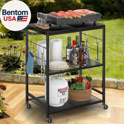 Grill Cart for Outside, 3-Tier BBQ Food Prep Rolling Table Cart, with 23.62'' Lx