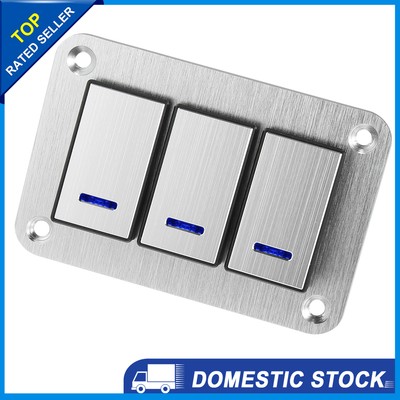 3 Gang Rocker Kippschalter Panel Wasserdicht DC 12V 24V Blau LED Silber Ton