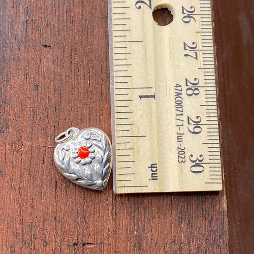 Vintage 925 Sterling Silver Red Enamel Flower with Leaves Puffy Heart Charm - Picture 3 of 3