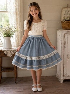 Vtg Gunne Sax Prairie Sz 10 Skirt Jessica McClintock Blue Polka Dot Lace NN09