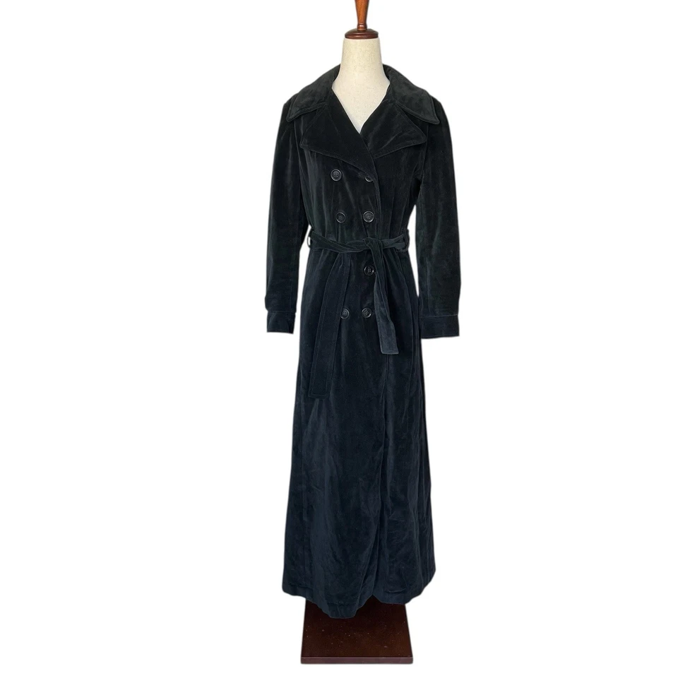 Maxi Abrigo Largo Terciopelo Negro Drizzle Vintage Años 70 Mujer Doble Pecho Cinturón S Foto 4 de 4