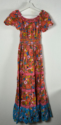 Printfresh Womens Floral Boho Off Shoulder Maxi Dress XS Smocked Waist Summer