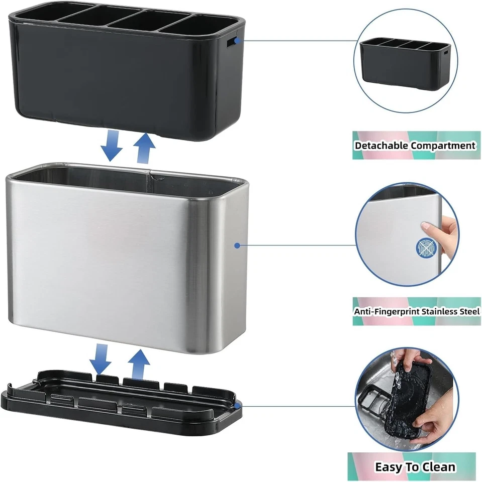 Organizador de cubiertos de acero inoxidable de 4 compartimentos - Carrito de mostrador para cubiertos Foto 4 de 4