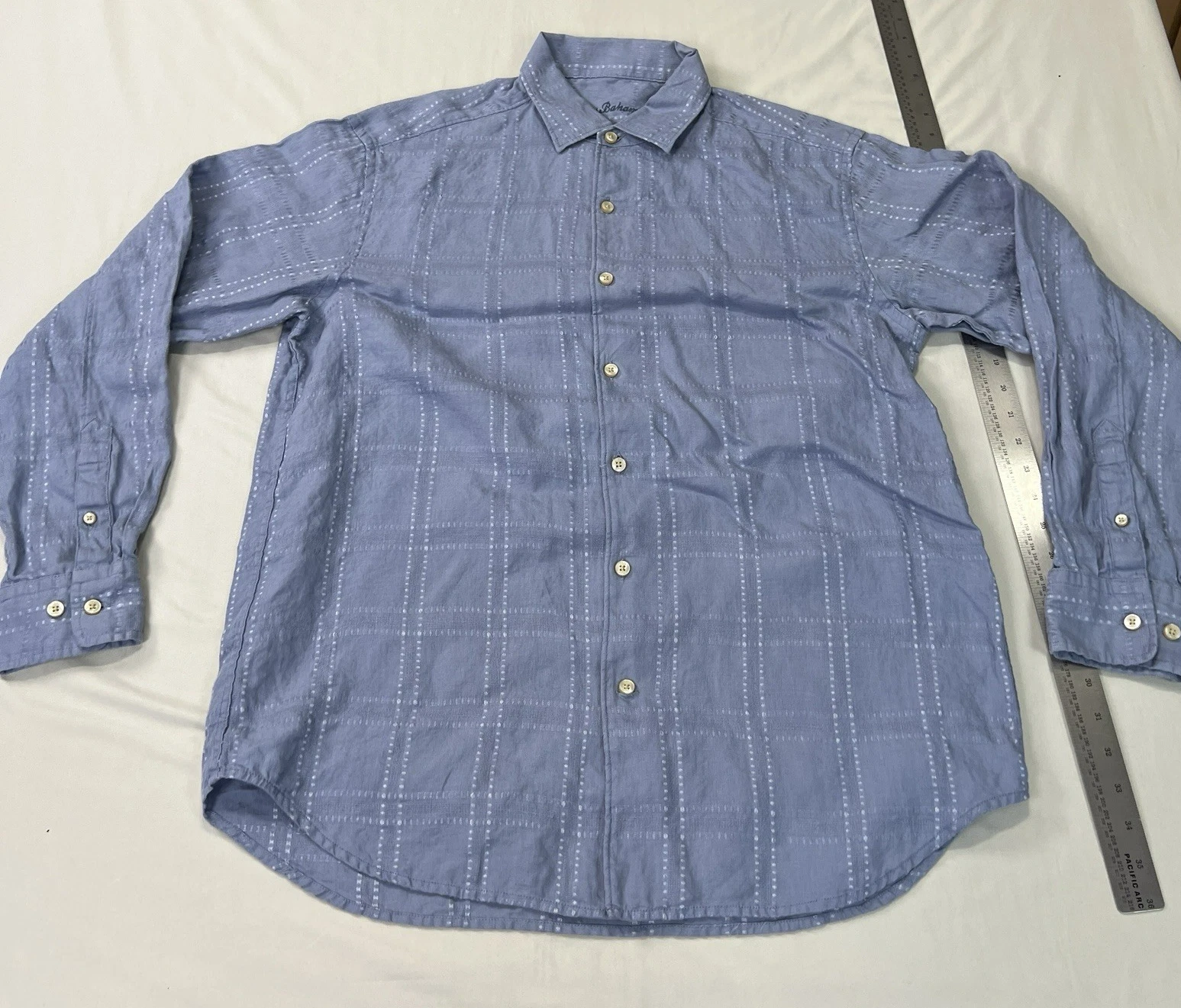 Tommy Bahama Linen Shirt Mens Large Blue Check Beach Tropical Breathable