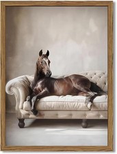 Framed Funny Horse Canvas Wall Art, Vintage Western Brown Horse On Sofa Pictures