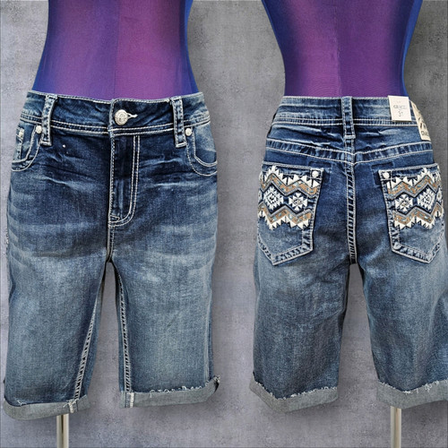 Neu mit Etikett Grace in LA aztekisch bestickt abgeschnitten Bermuda Stretch Denim Jeansshorts K30 - Bild 1 von 9
