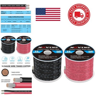 Durable 14 Gauge Marine Wire 50FT Red Black Tinned Copper for Harsh Environments