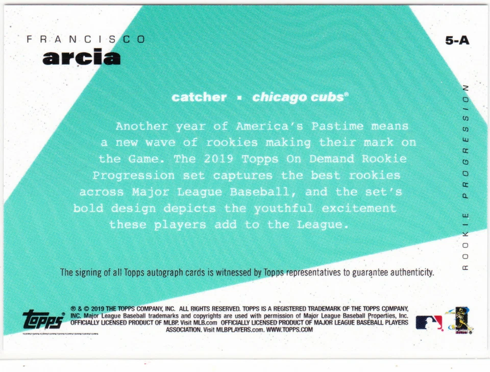 Francisco Arcia Cubs Autograph 2019 Topps On Demand Rookie Progression 5-A Auto - Image 2 of 2