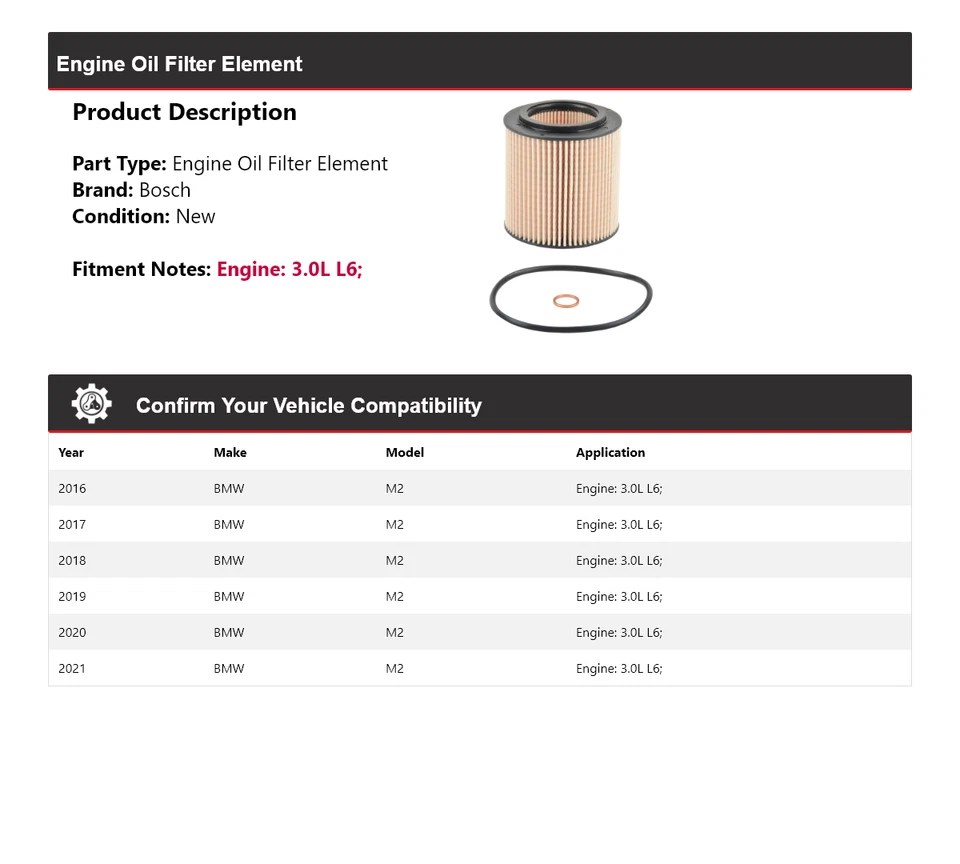 Filtro de aceite Bosch Premium para BMW M2 2016-2021 3,0 L L6 2017 2018 2019 2020 Foto 2 de 3