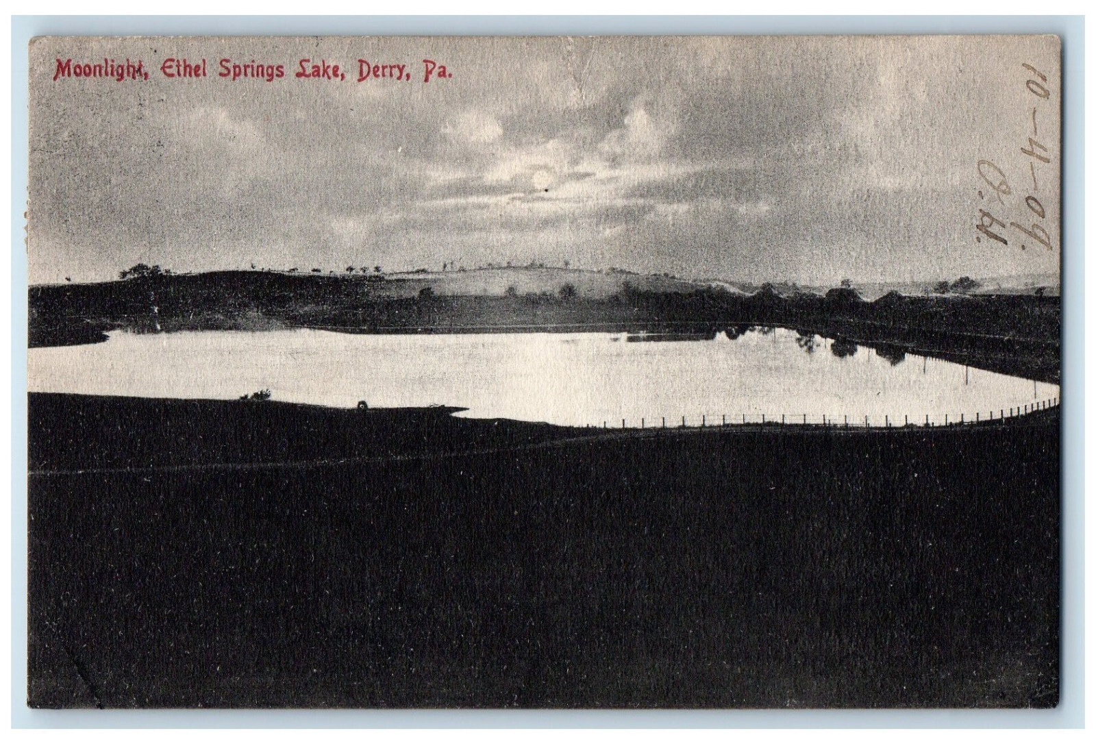 1909 Moonlight Ethel Springs Lake Derry Pennsylvania PA Posted Postcard