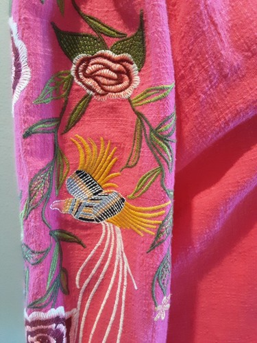 Top CALESSA rosa caldo ricamato uccellini manica a fiori pizzo cotone L-XL - Foto 3 di 12