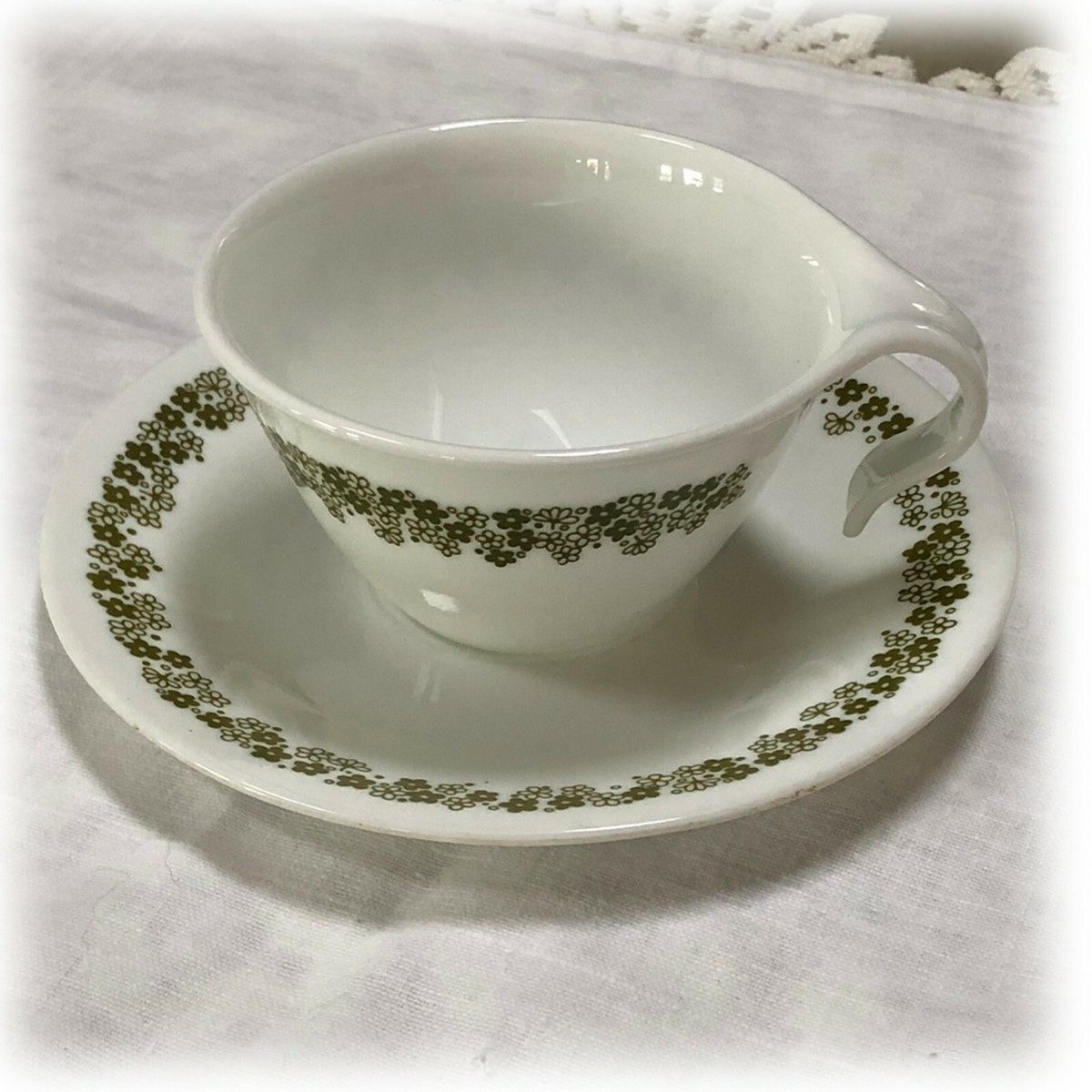 VTG Corning Ware Corelle Spring Blossom CUP & SAUCER Green Flowers