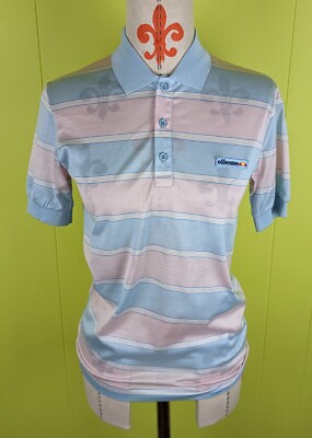 VTG Elesse Italy Men's Short Sleeve Polo Shirt Blue Pink Striped Sheer Chest 34''