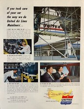 1953 United Airlines Vintage Print Ad Airliner Hangar Jet Maintenance Mechanic