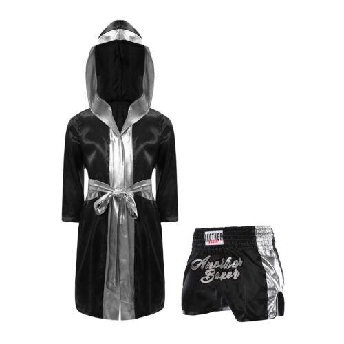 Boys Girls Boxing Costume Shiny Satin Belted Robe Hooded Cloak with Shorts Set - Picture 11 of 31