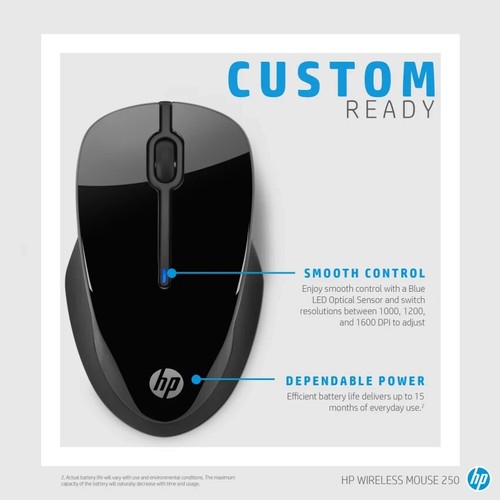 HP 250 BLACK 2.4 GHz USB Wireless Mouse with Blue LED 1000, 1200, 1600 DPI - Picture 2 of 2