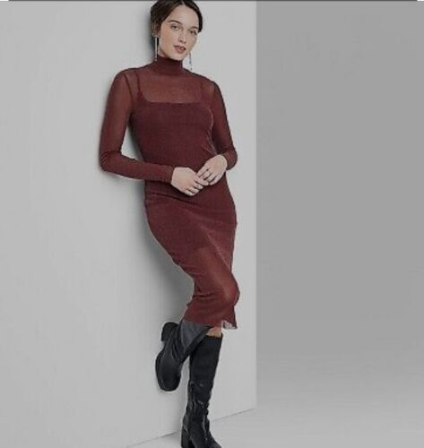 Wild Fable Women's Long Sleeve Lurex Mesh Midi Dress Small Burgundy Red Bodycon