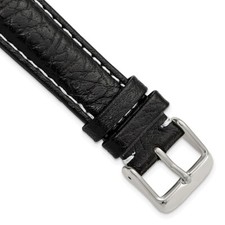 18mm 7.5" Black Leather White Stitch Silver-tone Buckle Watch Band