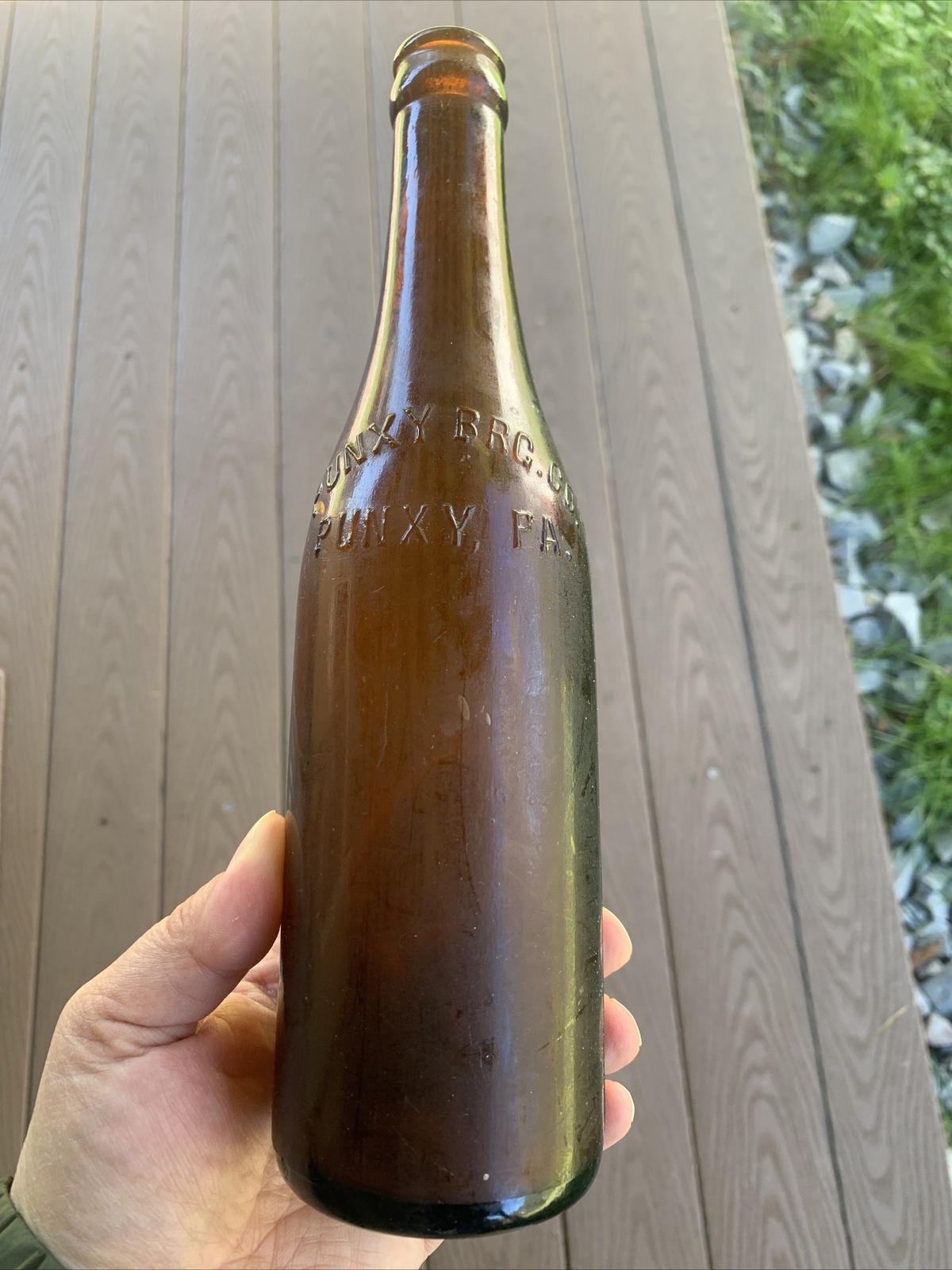 Vintage Punxy Beverage Co Punxsutawney, Pa Amber Glass embossed beer