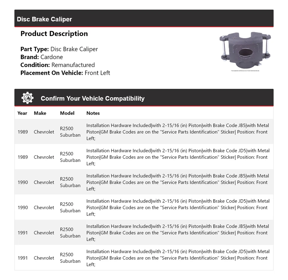 Pinça de freio a disco dianteira esquerda Cardone para 1989-1991 Chevrolet R2500 Suburban - Imagem 2 de 4